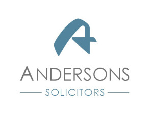 A brand Identity for Andersons Solicitors LLP, composed of a distinctive swash letter A in teal, centred above the company name in grey and Solicitors in teal.
