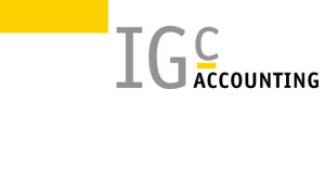 A brand identity for an accounting firm composed of a yellow rectangle and a logotype saying IGC, colours are yellow, grey and black.