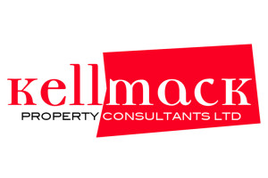 A brand identity for Kellmack Property Consultants, composed of the word Kellmack, the Mack part appearing white out of a five-sided polygon with irregular sides. Property Consultants appears below. Colours are bright red, white and black.