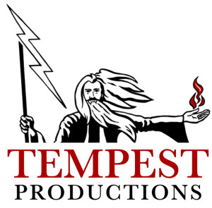 The red-and-black illustration for Tempest Productions shows a wizard character inspired by Prospero in Shakespeare's The Tempest. Lightning bursts from the staff in his right hand and in his left hand, he controls fire. Tempest Productions are a Scottish video-radio-TV production company.