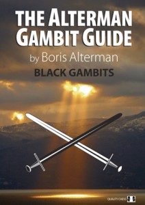 This chess bookcover shows a shaft of sunlight breaking through dark clouds above a loch. The cover is largely in brown and gold shades. The book title is The Alterman Gambit Guide – Black Gambits 1. Superimposed in front of the photo are a pair of crossed swords, one white, one black. In the case of black gambits, the black sword is in front and dominates.