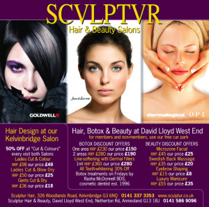 This advertisement appears for Sculptur Hair & Beauty in the Glasgow Premium directory and shows three beautiful portraits of women on a bold purple background: a moody brunette photo for Hair, a gorgeous model with her hair swept back for Botox and a woman with her hair towel-wrapped enjoying Beauty treatment.