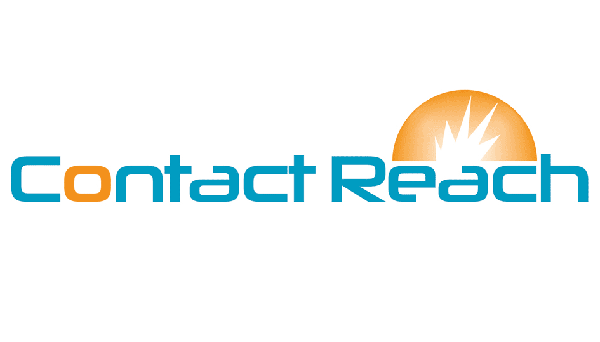 This brand identity shows the logotype for 'Contact Reach' mainly in teal in one wide line with an orange semi-circle above on the right. A white flash or explosion appears within the semi-circle.