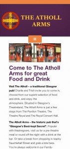 Picture shows The Atholl Arms Website's Home Page as if viewed on a mobile phone, flat-on. The masthead has an orange bar, then a dark purple bar with the pub's logo. Then a photo of a corner pub decorated in red, then small photos of meat dishes, like Sunday roast.