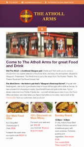 Picture shows The Atholl Arms Website's Home Page as if viewed on a tablet flat-on. The masthead has an orange bar, then a dark purple bar with the pub's logo. Then a photo of a corner pub decorated in red, then small photos of meat dishes, like Sunday roast.