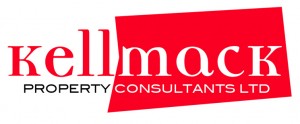 A brand identity for Kellmack Property Consultants, composed of the word Kellmack, the Mack part appearing white out of a five-sided polygon with irregular sides. Property Consultants appears below. Colours are bright red, white and black.