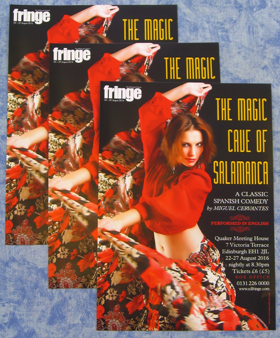 Graphic Design – a poster for a Spanish comedy play by Miguel Cervantes. The poster shows a beautiful dancer in a bright red top twirling her skirt.