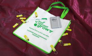 Promotional goods branded for the Help Yourself Grow project, consisting of tote-bag, pen, notebook with silver cover and trolley-coin key rings.