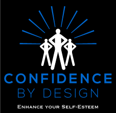 The image shows the brand identity for Confidence by Design, a business that helps people to increase their confidence through public speaking. In white and electric blue on a black background, it shows three people standing above the words “Confidence by Design”, with the tagline “Enhance your self-esteem” appearing below.