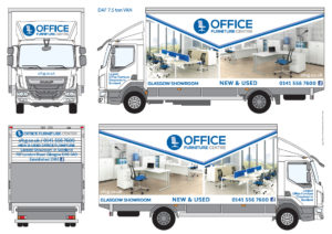 Pic shows a white DAF 7.5 ton lorry branded with the new Office Furniture Centre logo. The lorry-sides show full-colour photos of office furniture in office settings. Logo is a mid-blue circle with an image of a pale blue office chair with text “Office Furniture Centre” to the right.