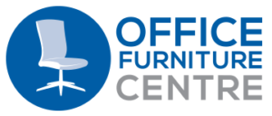 This new Office Furniture Centre logo is the 3-liner version where “Office” appears large in the line above “Furniture”, both lines in blue, with “Centre” shown in mid-grey below. Logo is a mid-blue circle with an image of a pale blue office chair and bold text reading “Office Furniture Centre” to the right.