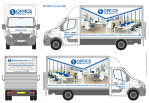 Pic shows a white Renault 3.5 ton van branded with the new Office Furniture Centre logo. The van-sides show full-colour photos of office furniture in office settings. Logo is a mid-blue circle with an image of a pale blue office chair with text “Office Furniture Centre” to the right.