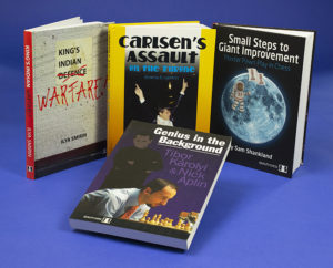 Four bookcover designs – from left to right, a poster defaced on a white brick wall, then a book with a photo of World Chess Champion Magnus Carlsen jumping into a swimming pool on winning the 2013 tournament, then a cartoon pawn in a spacesuit walking on the moon; lastly, in front, “Genius in the Background”, shows a chess player concentrating on his next move whilst a shadowy figure – his coach – watches from the background. These are all chess bookcovers. (Book cover, book-cover.)