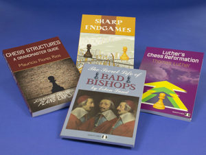Four colourful bookcover designs, clockwise from left, a book in shades of brown showing a brick wall with a pawn shape cut into it, like a cartoon mouse-hole. Next a yellow cover showing two pawns as tightrope-walkers high above city skyscrapers – when their tightropes cross, one of them will fall, which refers to the title “Sharp Endgames”. Next a royal purple cover showing a pawn in front of multi-coloured upward-pointing arrows – in the clouds above a chess king can faintly be seen. Lastly at the front, “The Secret Life of Bad Bishops”, which apparently shows a classical painting of three bishops, though it’s actually a triple portrait of Cardinal de Richelieu. (Colorful, multi-coloured, book cover, book-cover.)