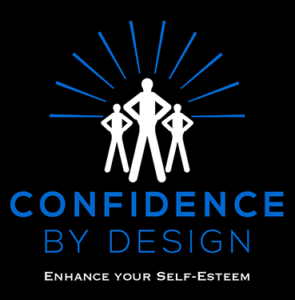 The image shows the brand identity for Confidence by Design, a business that helps people to increase their confidence through public speaking. In white and electric blue on a black background, it shows three people standing above the words “Confidence by Design”, with the tagline “Enhance your self-esteem” appearing below.