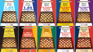 Ten brightly-coloured bookcovers from the chess Grandmaster Repertoire series showing the bookcover design for a series. Each has the same basic layout with two top-heavy triangular panels at left and right - similar to the curtains in a theatre – framing a chessboard in perspective below. The colours behind and to each side vary, originally based on the flag colours of the author's country, or a similar source. The typography is consistent throughout the series, which now numbers over 20 books. (Brightly-colored, book cover, book-cover.)