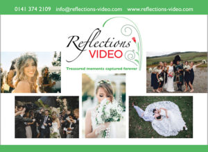 Exhibition stand design: final image of an exhibition stand of the “fabric wall” type, a colourful fabric background stretched over a tubular aluminium frame. This one was designed for Reflections Video (wedding videos).