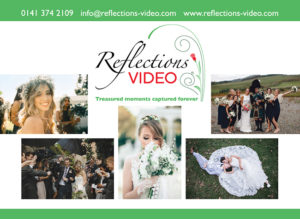 Exhibition stand design: final image of an exhibition stand of the “fabric wall” type, a colourful fabric background stretched over a tubular aluminium frame. This one was designed for Reflections Video (wedding videos).