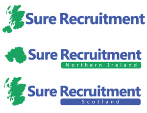 Sure Recruitment Group suite of logos, featuring maps of Scotland and/or Northern Ireland. Name in dark blue, maps in jade green.