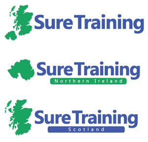Sure Training suite of logos, featuring maps of Scotland and/or Northern Ireland. Name in dark blue, maps in jade green.