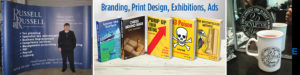 A LinkedIn banner showing three jobs by Adamson Design, the Russell and Russell 4-by-3 size Pop-up Exhibition Stand; 5 bookcover designs for chess books; and 25th anniversary logo for Sculptur Hair Design, shown on branded mug and mirror sticker.