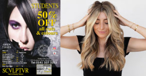 Left of pic showing brunette plus map for Sculptur Hair Design, Glasgow; right side shows student-age woman with blonde-brown balayage long hair.