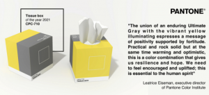 Picture shows two views of a Tissue Box printed in the Pantone® Colour of the Year 2021, a combination of Grey and Yellow, in this design, using a vertical split.